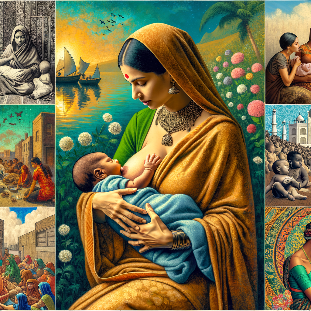 Artistic collage showcasing diverse cultural and historical representations of breastfeeding in art, symbolizing the intimate bond of motherhood and exploring various interpretations across cultures.
