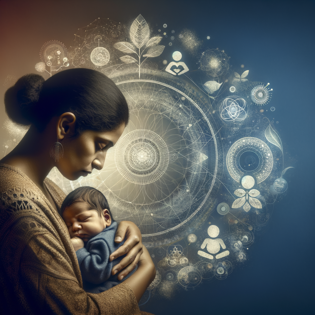 Thoughtful mother breastfeeding newborn amidst symbols of postpartum depression and postnatal anxiety, representing the balance of breastfeeding and mental health challenges, and the importance of support and coping mechanisms for maternal mental health.
