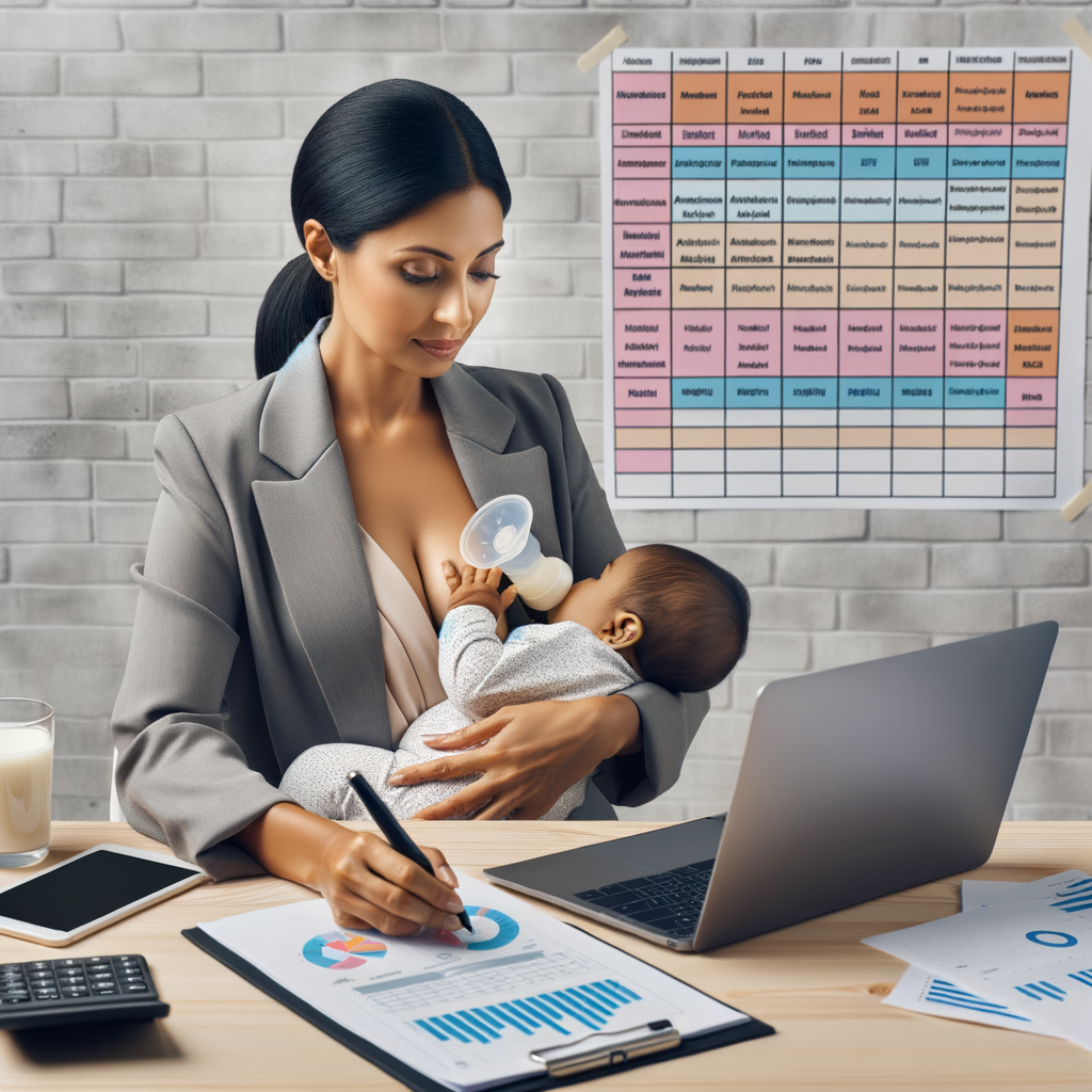 Working mom in business attire using a hands-free breast pump while working on her laptop, demonstrating the balance of breastfeeding and work, and the importance of a well-planned breastfeeding schedule for working moms.