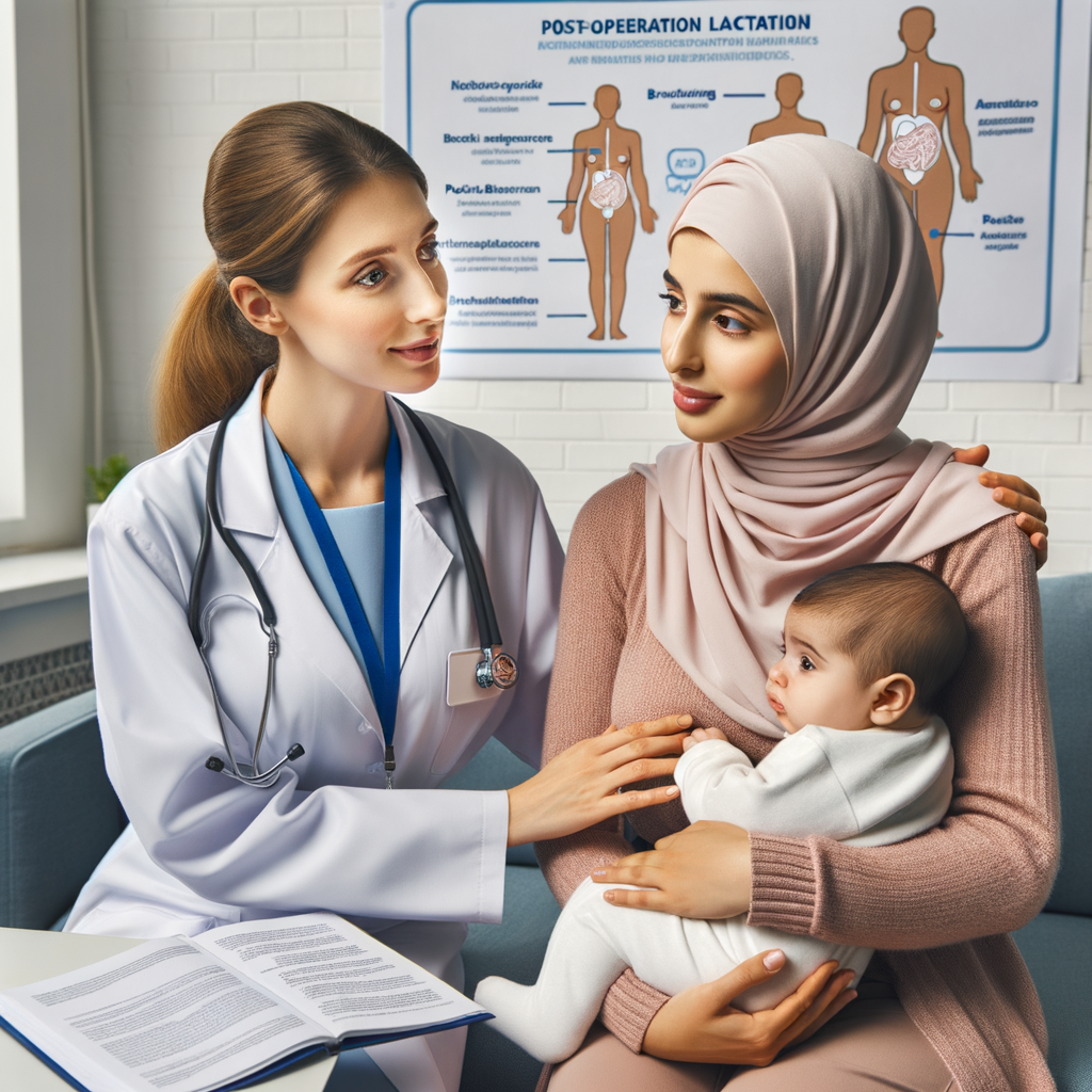 Female doctor discussing safety of cosmetic procedures during breastfeeding and post-surgery breastfeeding guidelines with a nursing mother, highlighting breastfeeding-friendly cosmetic procedures and risks of cosmetic surgery while breastfeeding.
