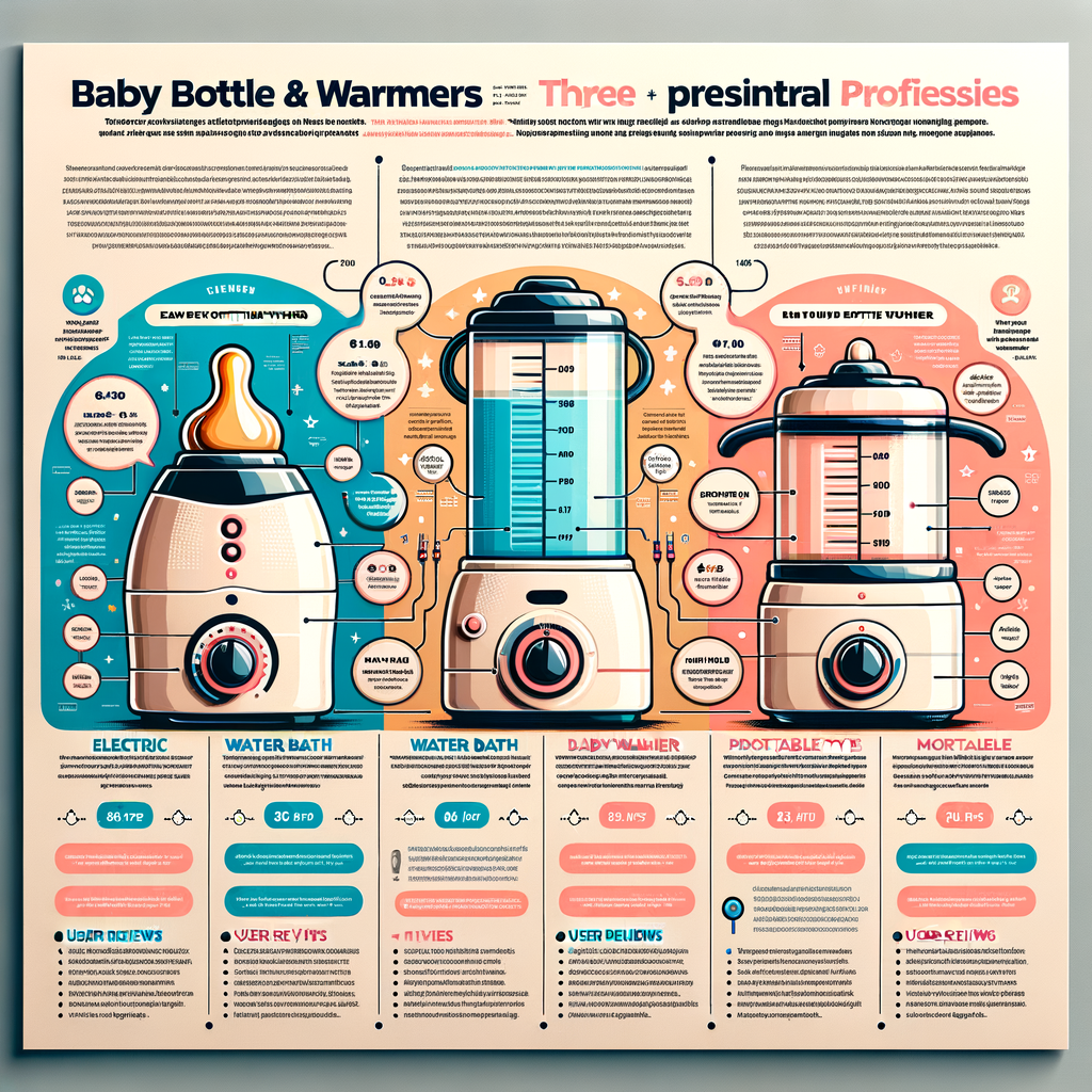 Infographic comparing Electric Bottle Warmer, Water Bath Bottle Warmer, and Portable Bottle Warmer, highlighting their features, pros and cons, and user reviews for the best bottle warmer types comparison.