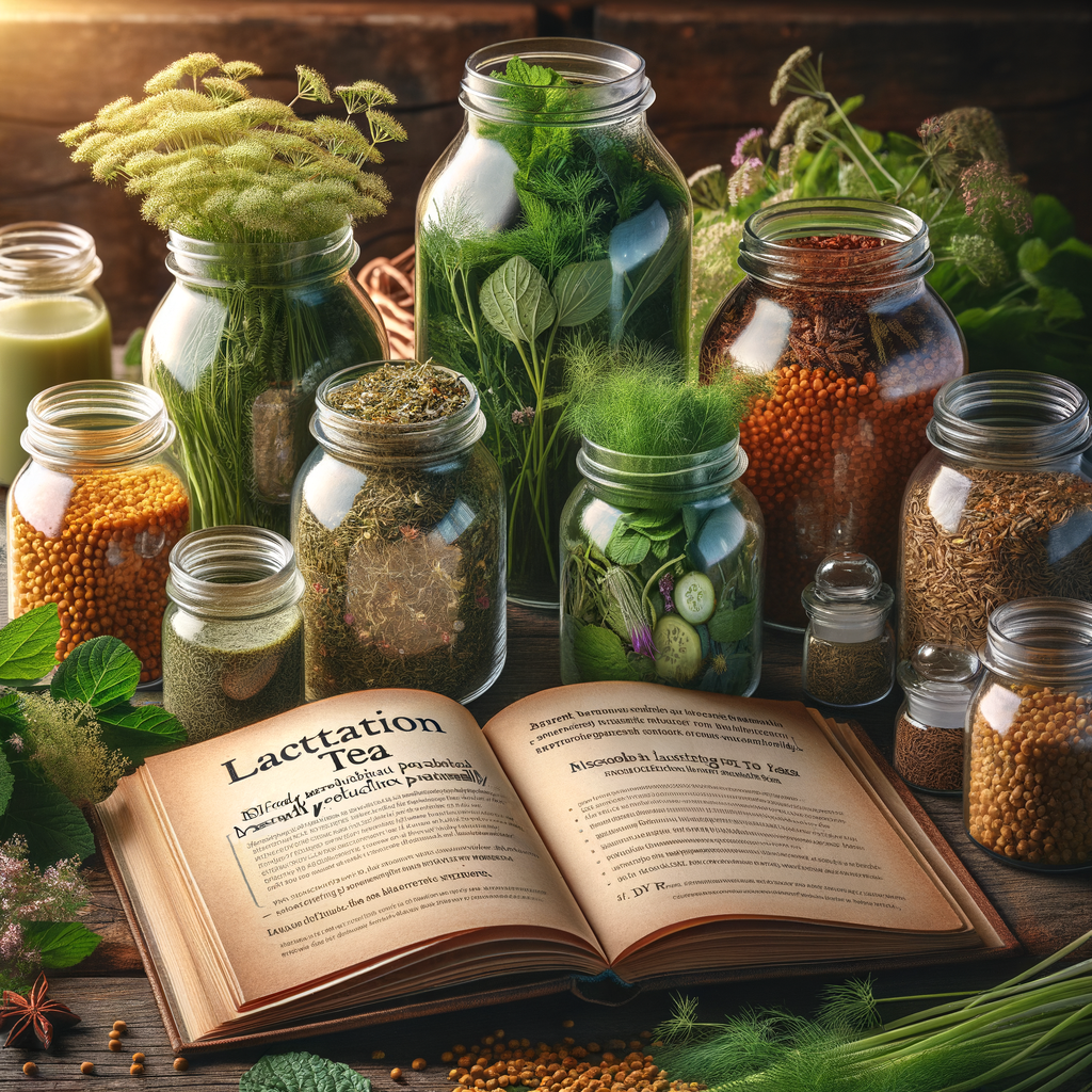 Variety of fresh herbs and homemade herbal infusions in glass jars for boosting breast milk production naturally, with a DIY lactation tea recipe book, showcasing natural ways to increase breast milk and herbal remedies for breastfeeding mothers.