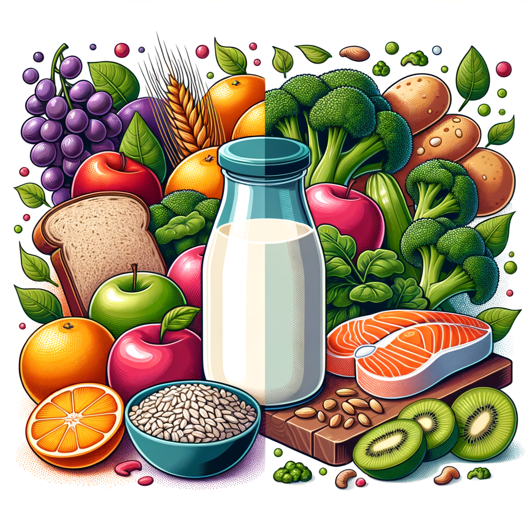 Variety of nutritious foods for lactating mothers including fruits, vegetables, whole grains, lean proteins, and representation of breast milk, highlighting the importance of nutrition in lactation and role of diet in breast milk production.