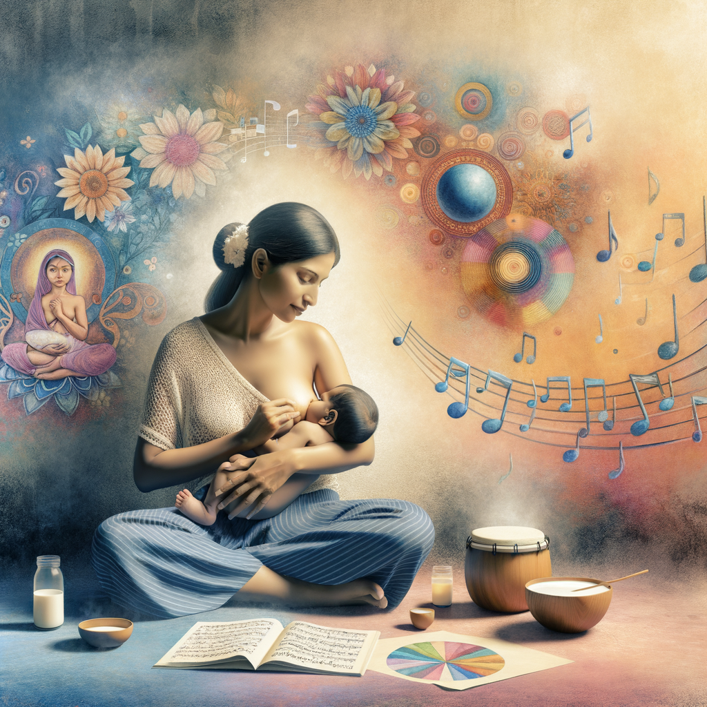 Mother experiencing the benefits of art and music therapy while breastfeeding her baby, enhancing her lactation and postnatal care experience