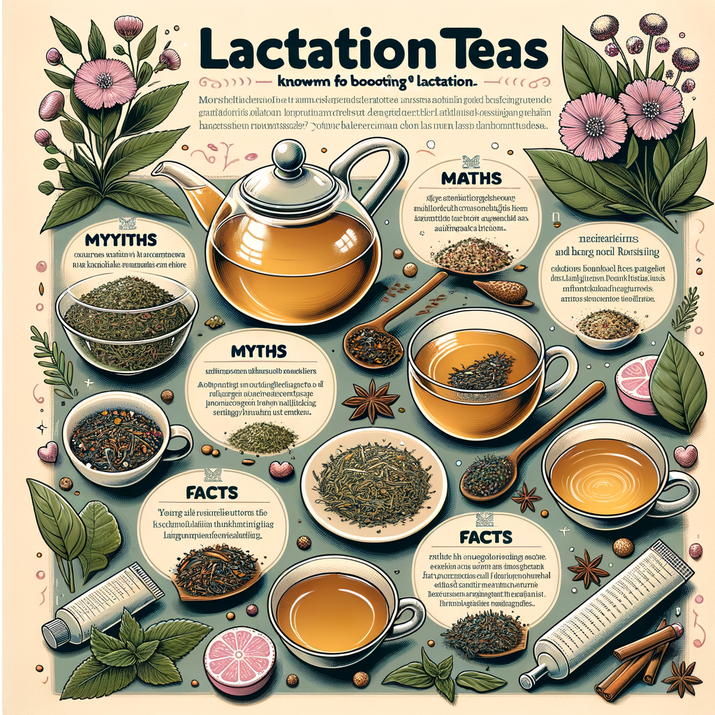 Variety of herbal teas for lactation enhancement with labels highlighting benefits, myths, and facts about lactation teas, providing a balanced view on natural lactation enhancement methods for breastfeeding.