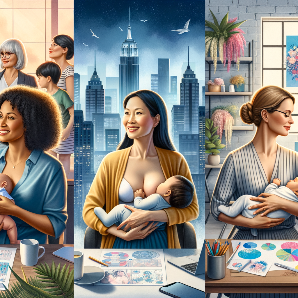 Breastfeeding working moms juggling career and breastfeeding with joy and determination, showcasing success stories of breastfeeding moms in diverse professional environments