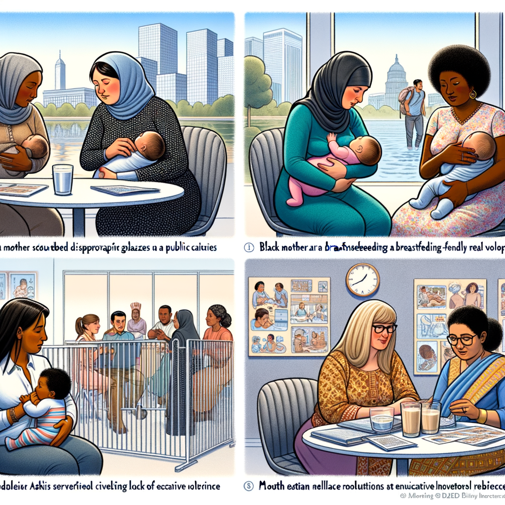Diverse group of modern mothers overcoming breastfeeding challenges, dealing with societal barriers and finding solutions through support groups and breastfeeding-friendly spaces in modern society