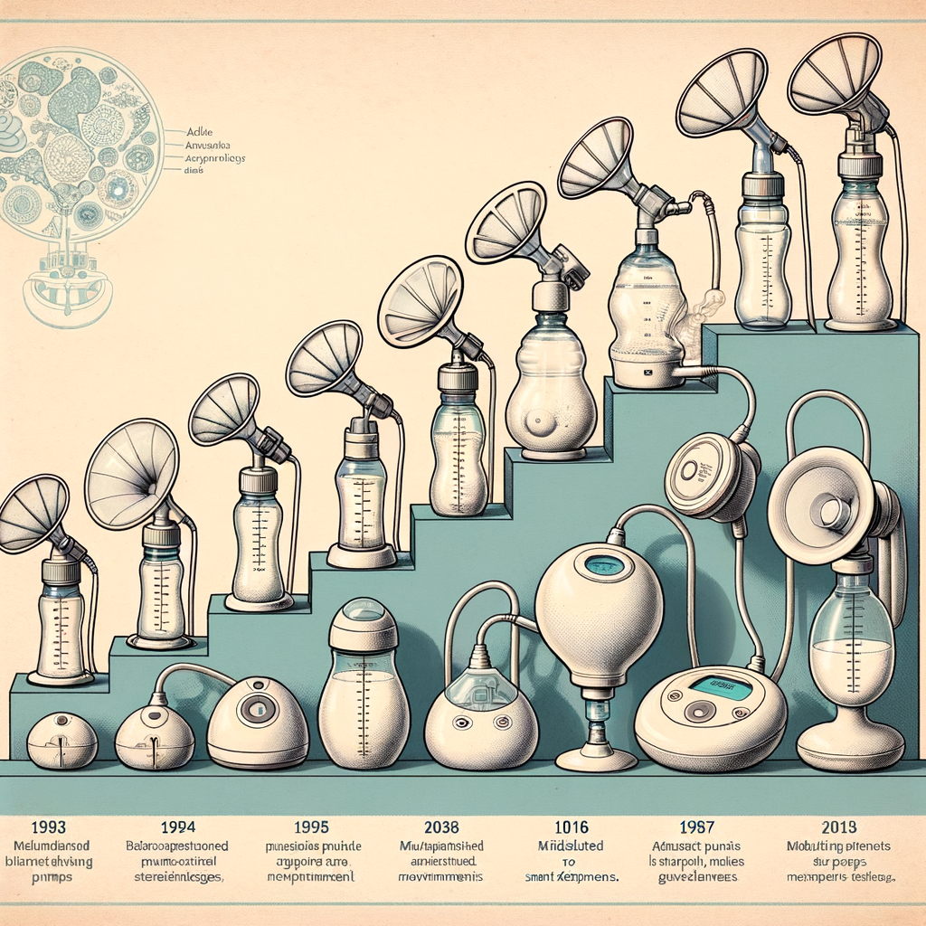 Visual timeline illustrating the evolution of breast pump technology, from manual breast pumps to modern digital smart pumps, highlighting key innovations and advancements in breastfeeding technology.