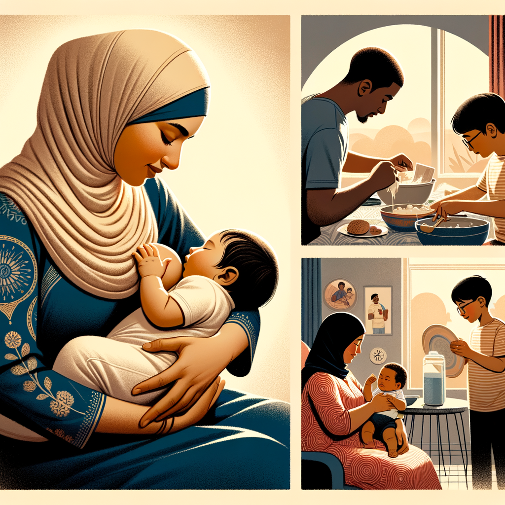 Mother breastfeeding newborn with supportive father and sibling, illustrating breastfeeding benefits, its impact on mother-child relationship, family dynamics, parental roles, sibling influence, family bonding, emotional impact, challenges, family support, and lifestyle changes.