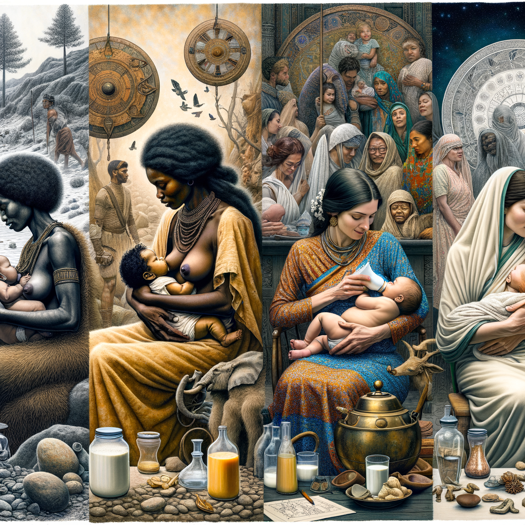 Collage illustrating the breastfeeding history from ancient wisdom on motherhood to modern practices, showcasing the continuity of breastfeeding through the ages, traditional to modern techniques, and the wisdom in modern motherhood.