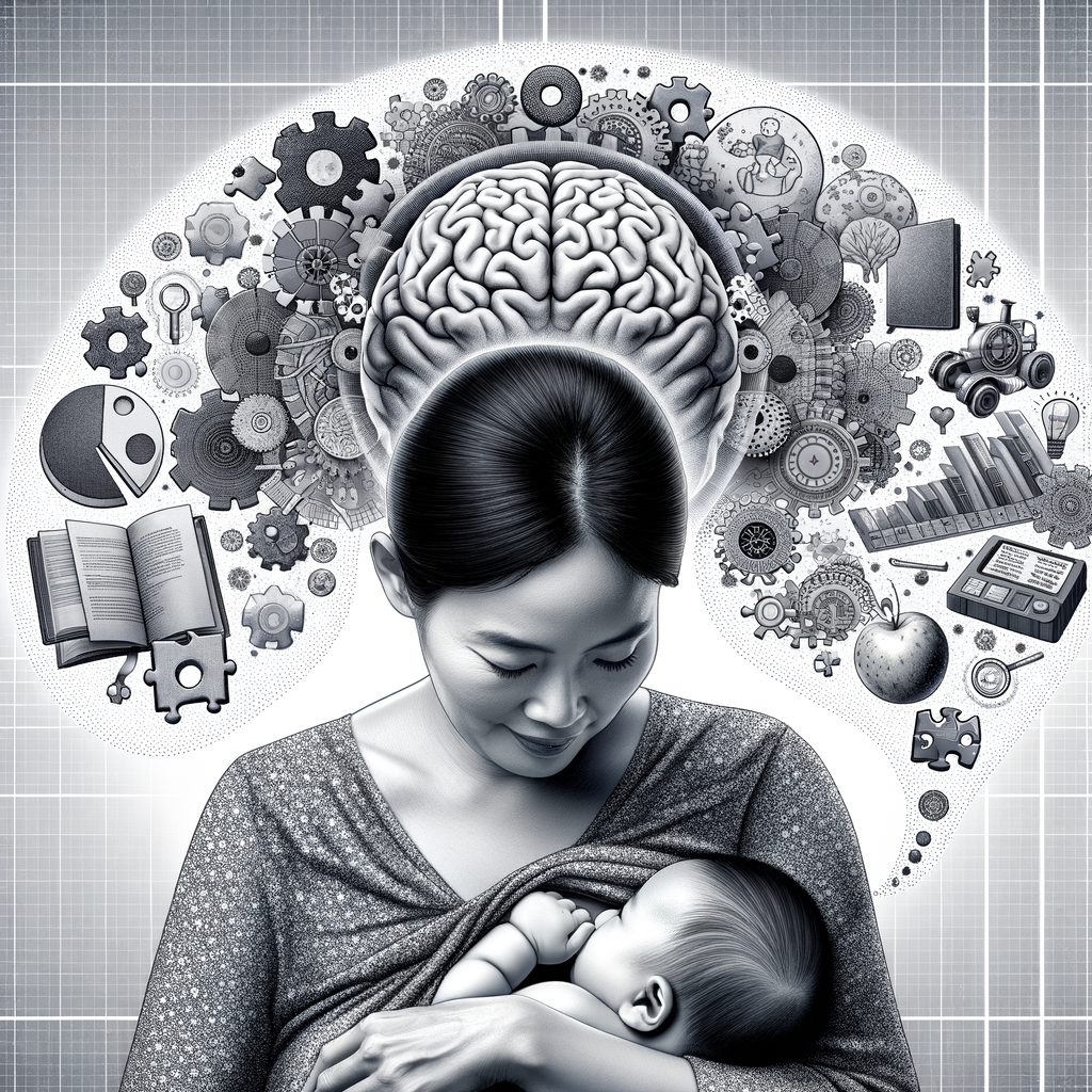 Mother breastfeeding baby with thought bubble containing symbols of cognitive development, highlighting the benefits and impact of breastfeeding on a child's brain and mental growth for enhanced intelligence and cognition