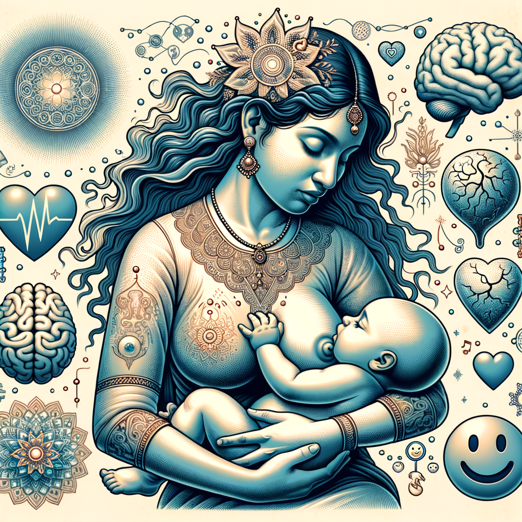 Mother breastfeeding baby with symbols of emotional intelligence, illustrating the breastfeeding benefits on child's emotional development and health for an article on child psychology and breastfeeding.