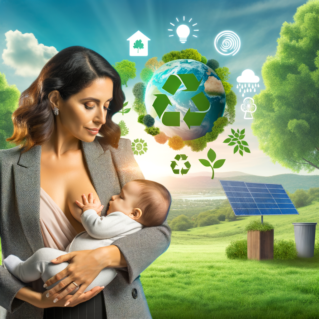 Eco-conscious mother breastfeeding baby in a green park, illustrating the environmental benefits of breastfeeding and its role in reducing carbon footprint for sustainable parenting and climate change solutions.