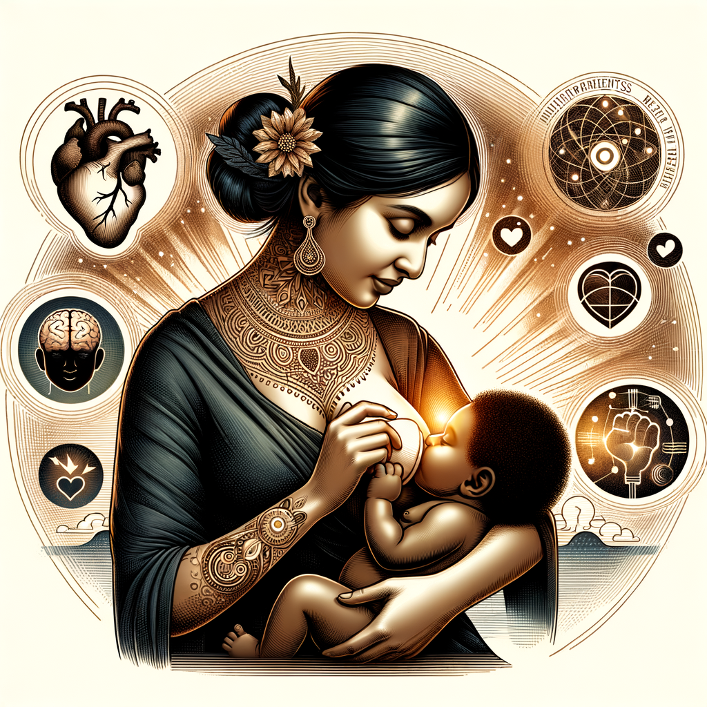 Empathetic illustration of mother breastfeeding baby, symbolizing the emotional and psychological benefits of breastfeeding on maternal mental health and child development