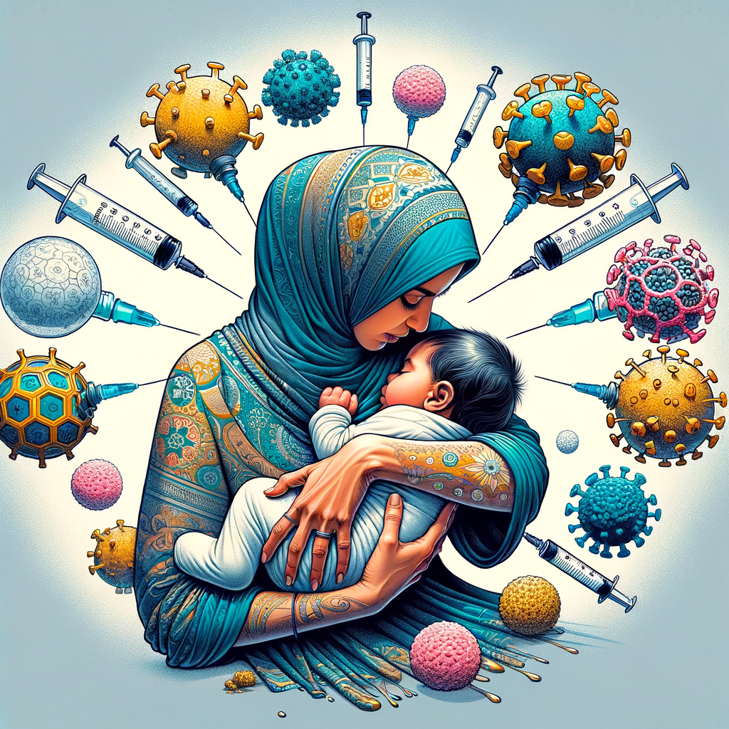 Mother breastfeeding baby with symbolic images of vaccinations and immune cells, illustrating the influence of breastfeeding on a child's vaccination response and the impact of breast milk on child health and immunity.