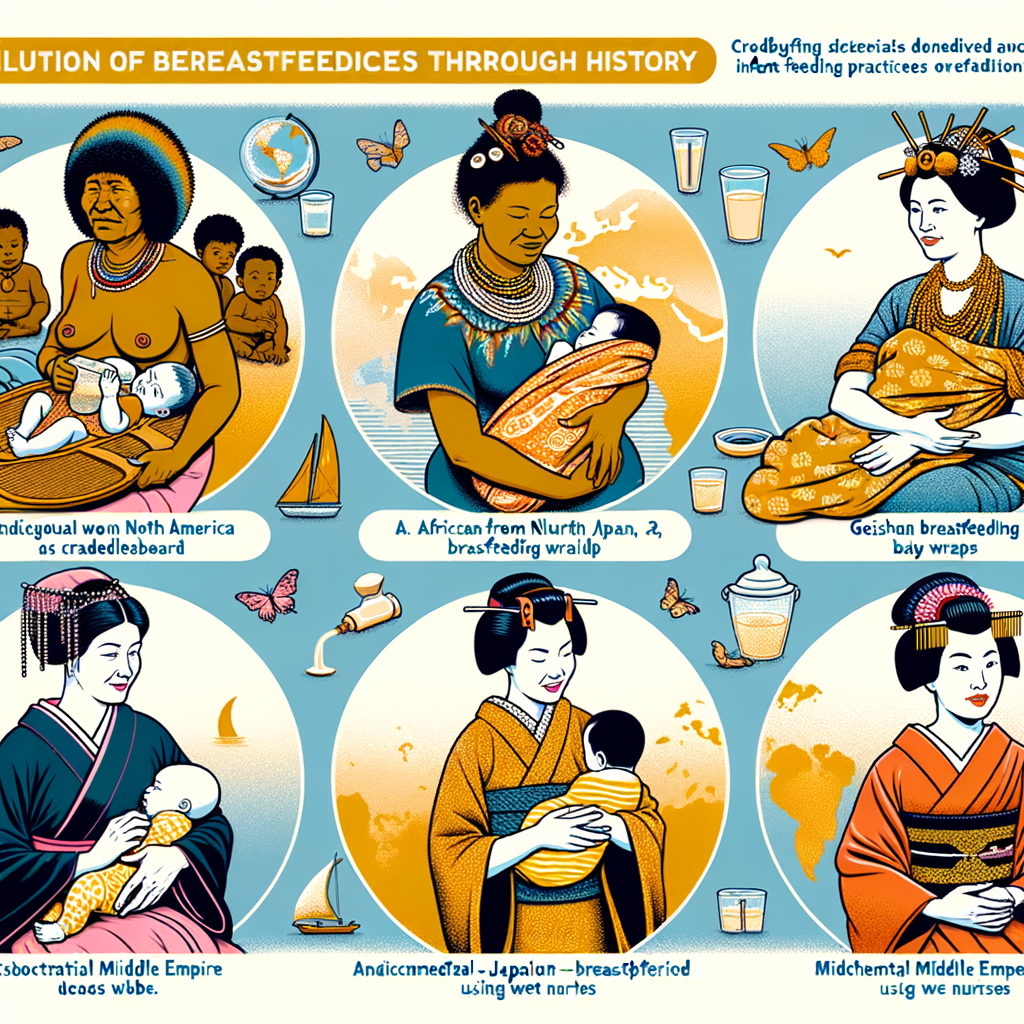 Infographic illustrating the evolution of breastfeeding history, highlighting traditional and cross-cultural breastfeeding practices, global habits, and cultural differences in infant feeding practices across various societies.