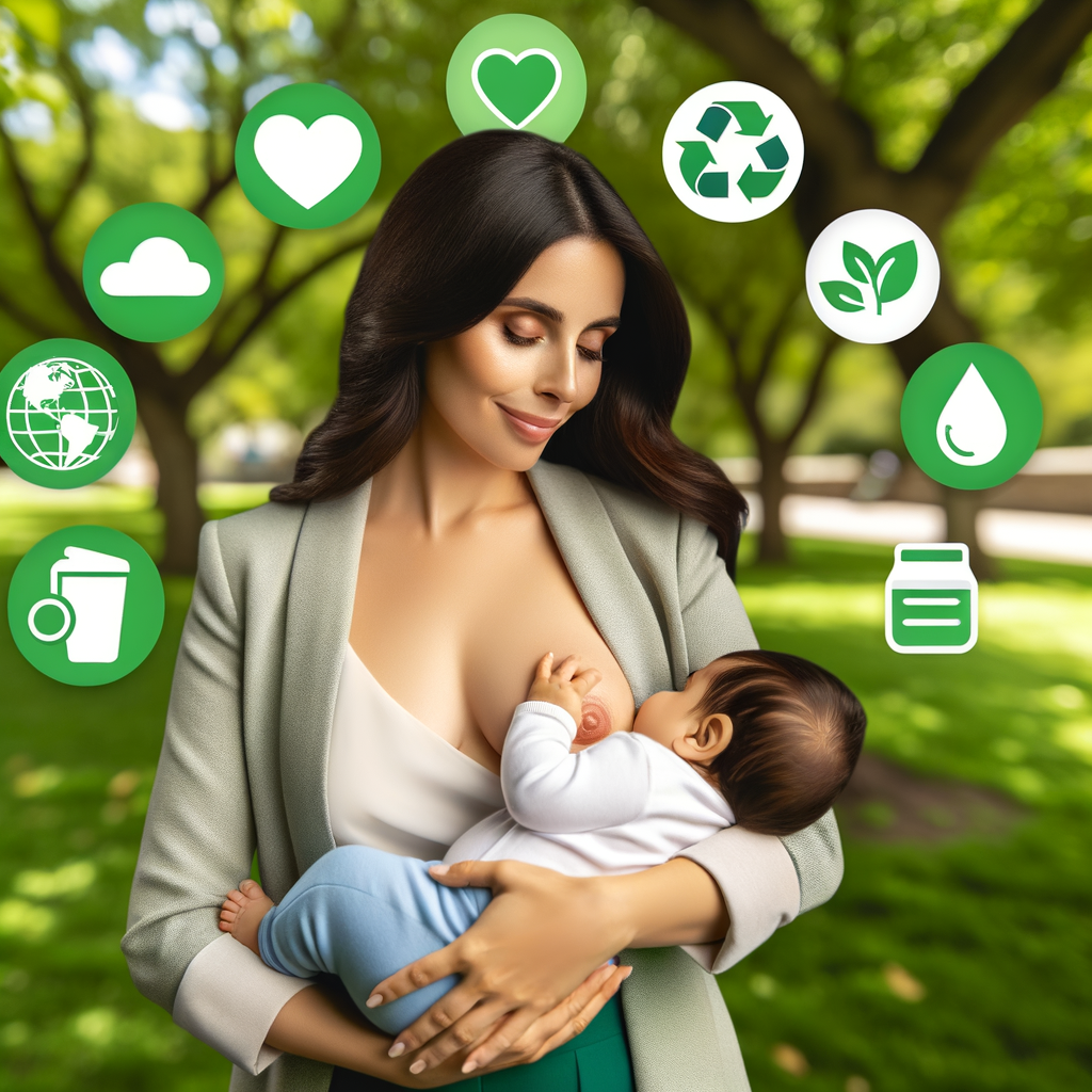 Eco-friendly mother demonstrating the environmental impact of breastfeeding over formula feeding in a lush green park, showcasing the benefits of sustainable breastfeeding as a natural parenting choice