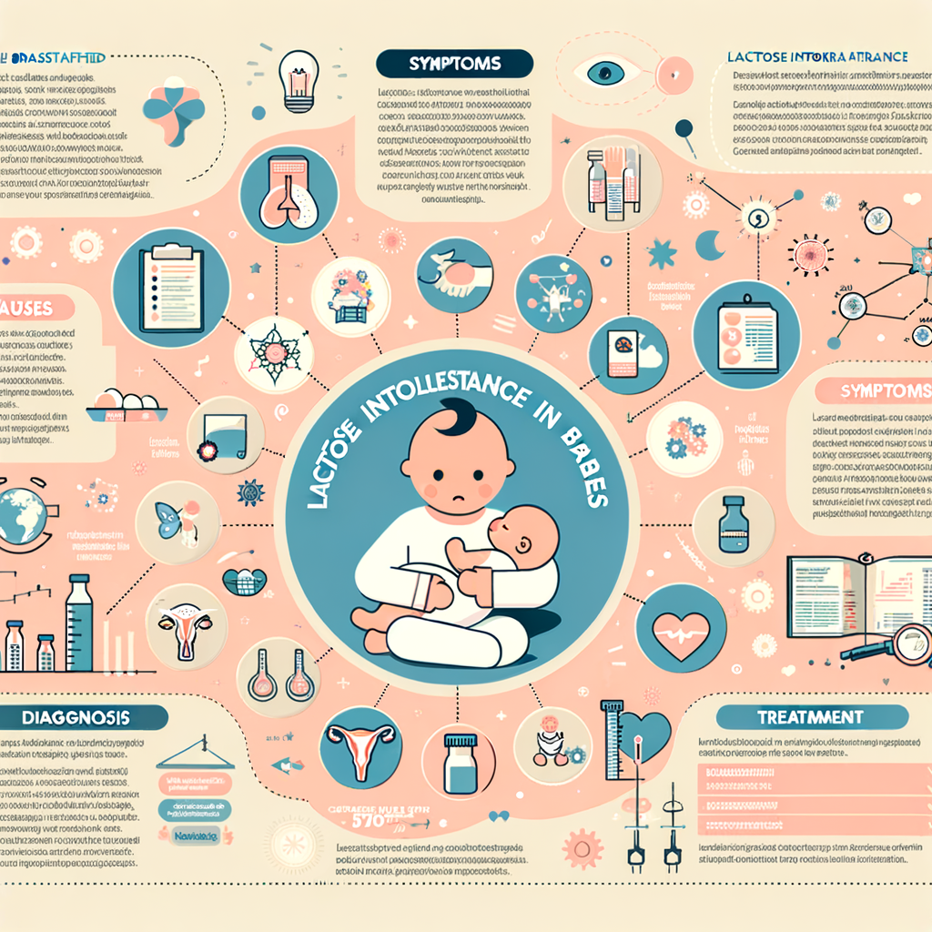 Infographic illustrating lactose intolerance in babies, highlighting symptoms, causes, diagnosis, and treatment strategies, with a focus on breastfeeding and lactose intolerance in breastfed infants.