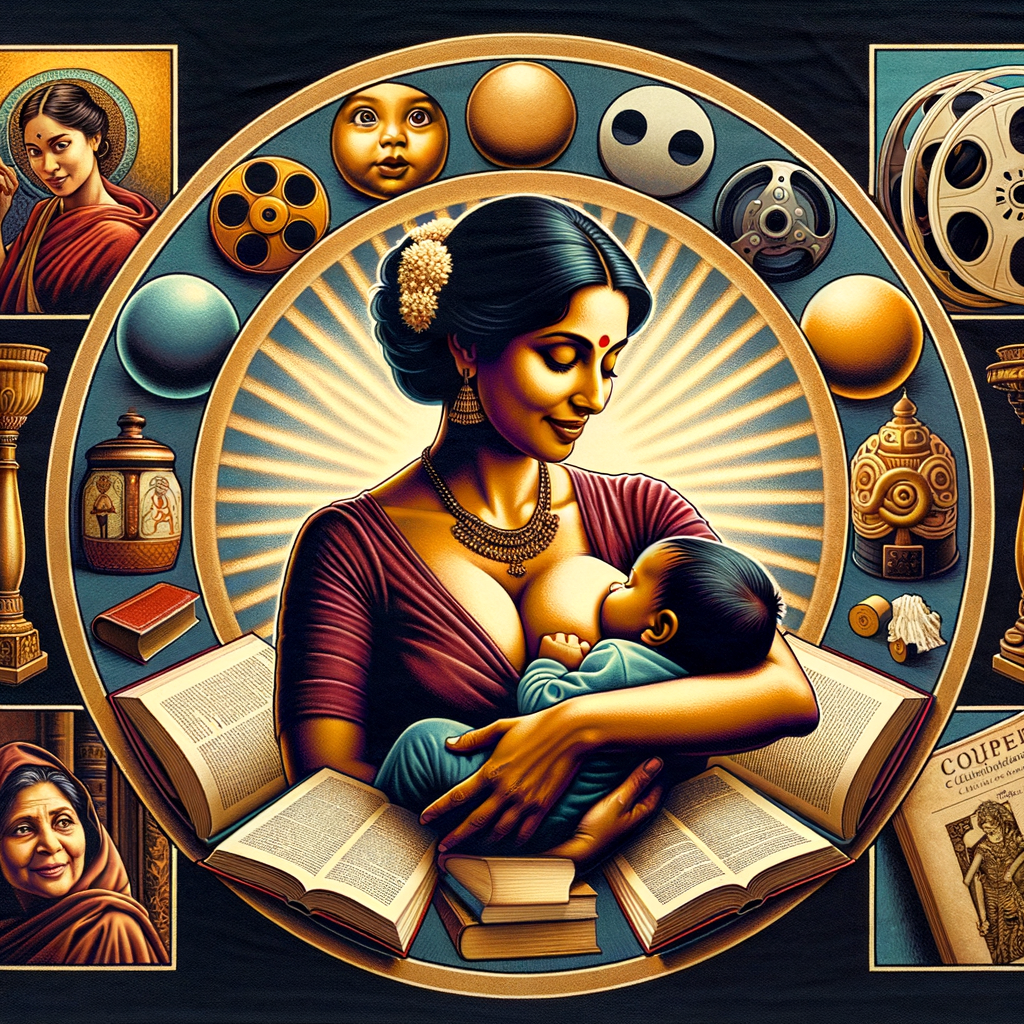 Symbolic image of breastfeeding representation in media, showcasing maternal themes in literature and film, with elements of feminist and cultural analysis of breastfeeding.