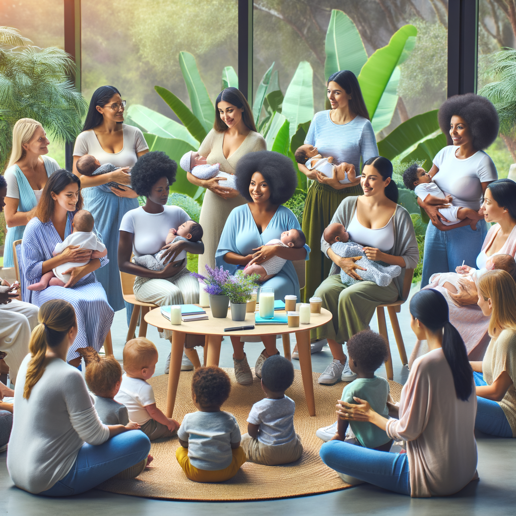 Diverse new mothers in a breastfeeding support group meeting, sharing breastfeeding advice and resources, symbolizing a strong breastfeeding community and postpartum support group.