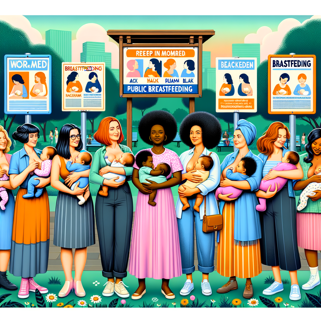 Diverse group of mothers confidently breastfeeding in public park, advocating for public breastfeeding rights and acceptance, highlighting public breastfeeding laws and support