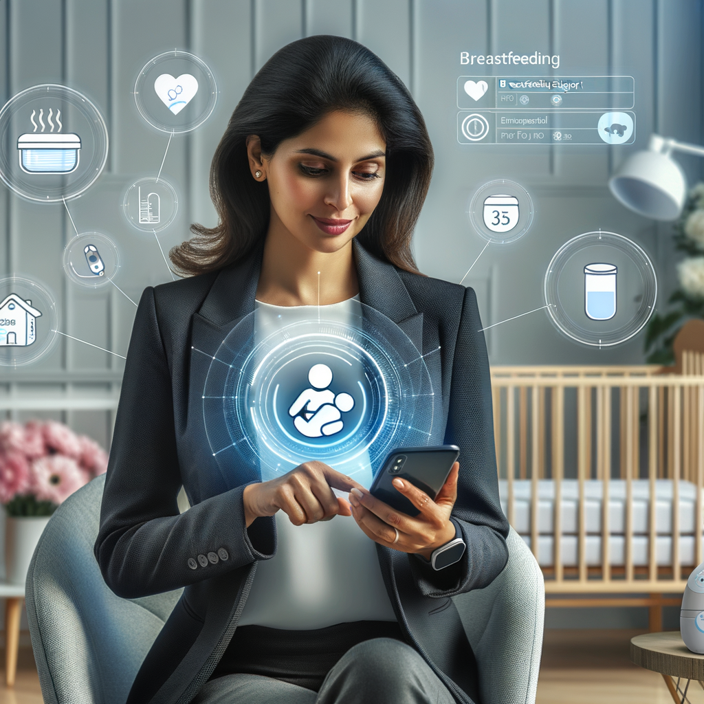 Modern mother using a breastfeeding support app with tracking feature on her smartphone, surrounded by various parenting technologies, symbolizing the digital support for breastfeeding and modern parenting technologies.