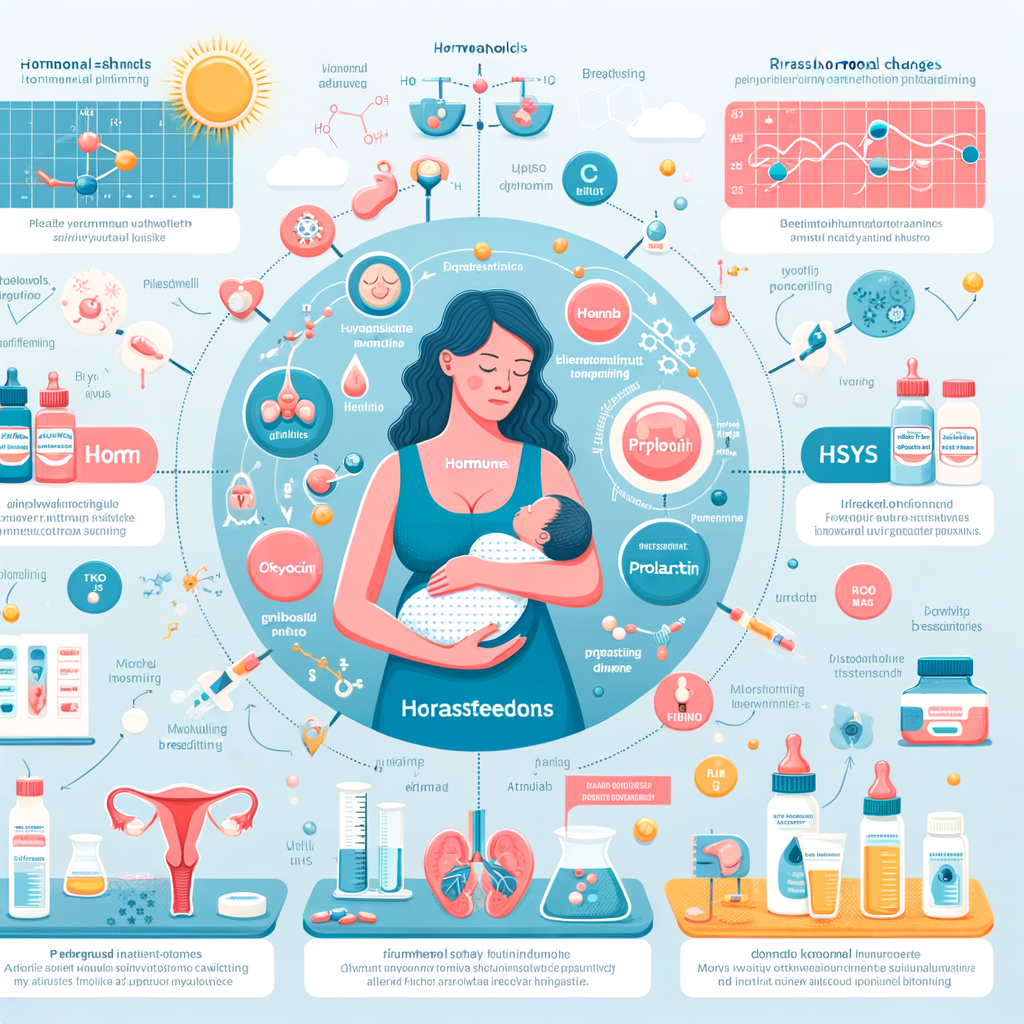 Infographic detailing hormonal changes post-pregnancy, effects of breastfeeding on hormones, hormonal balance during breastfeeding, and mood shifts due to breastfeeding hormones.