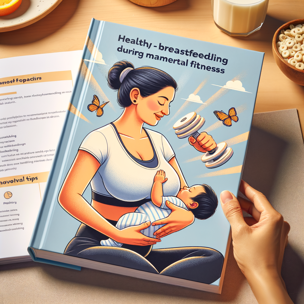 Fit mother demonstrating safe breastfeeding practices and exercise routine, highlighting breastfeeding benefits, maternal fitness, postpartum weight loss, and overall maternal health with a guidebook on breastfeeding.