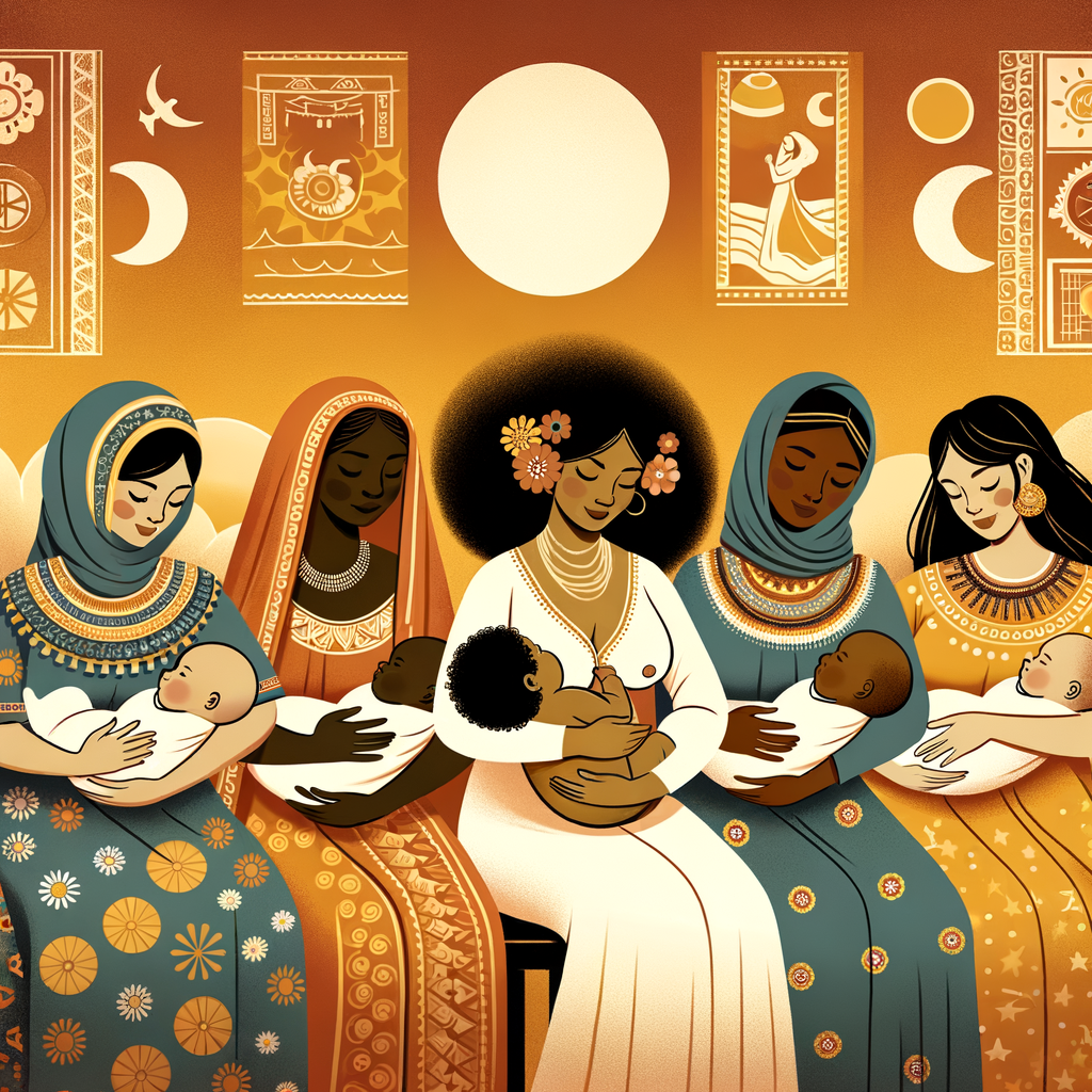 Mothers from diverse ethnic backgrounds in traditional attire, celebrating global breastfeeding traditions and customs, highlighting international breastfeeding celebrations and practices around the world.
