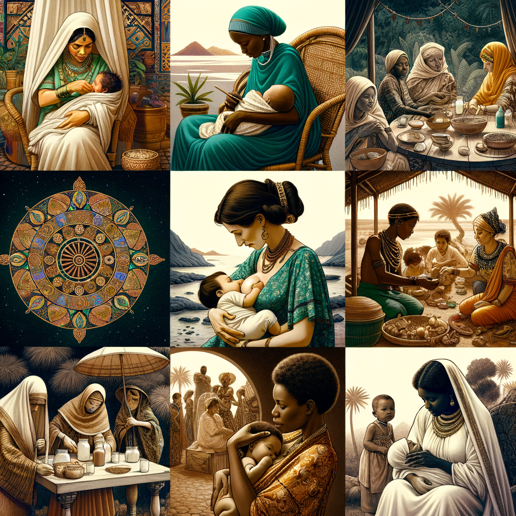 Collage of diverse cultural breastfeeding practices worldwide, showcasing traditional methods, unique traditions, and intriguing rituals, reflecting the richness of global breastfeeding customs and perspectives.