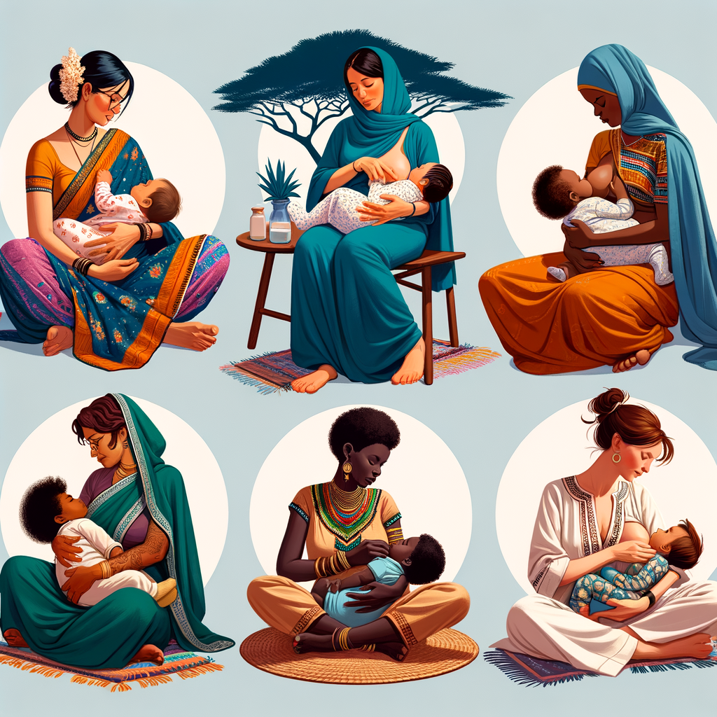 Diverse mothers from various cultures breastfeeding their babies, illustrating global breastfeeding traditions, cultural variations in breastfeeding, and international breastfeeding habits