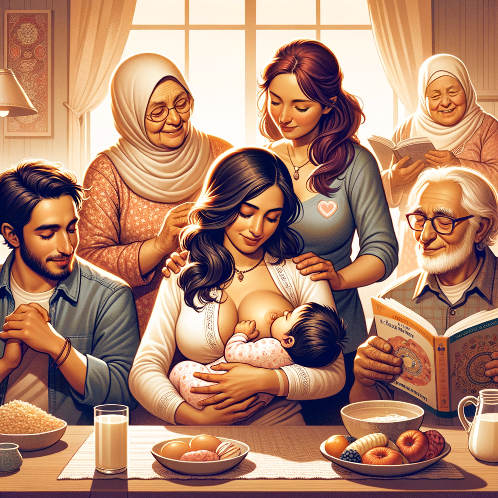 Multi-generational family, including grandparents and extended family, providing breastfeeding education and support to a new mother, highlighting the importance of family in breastfeeding success.