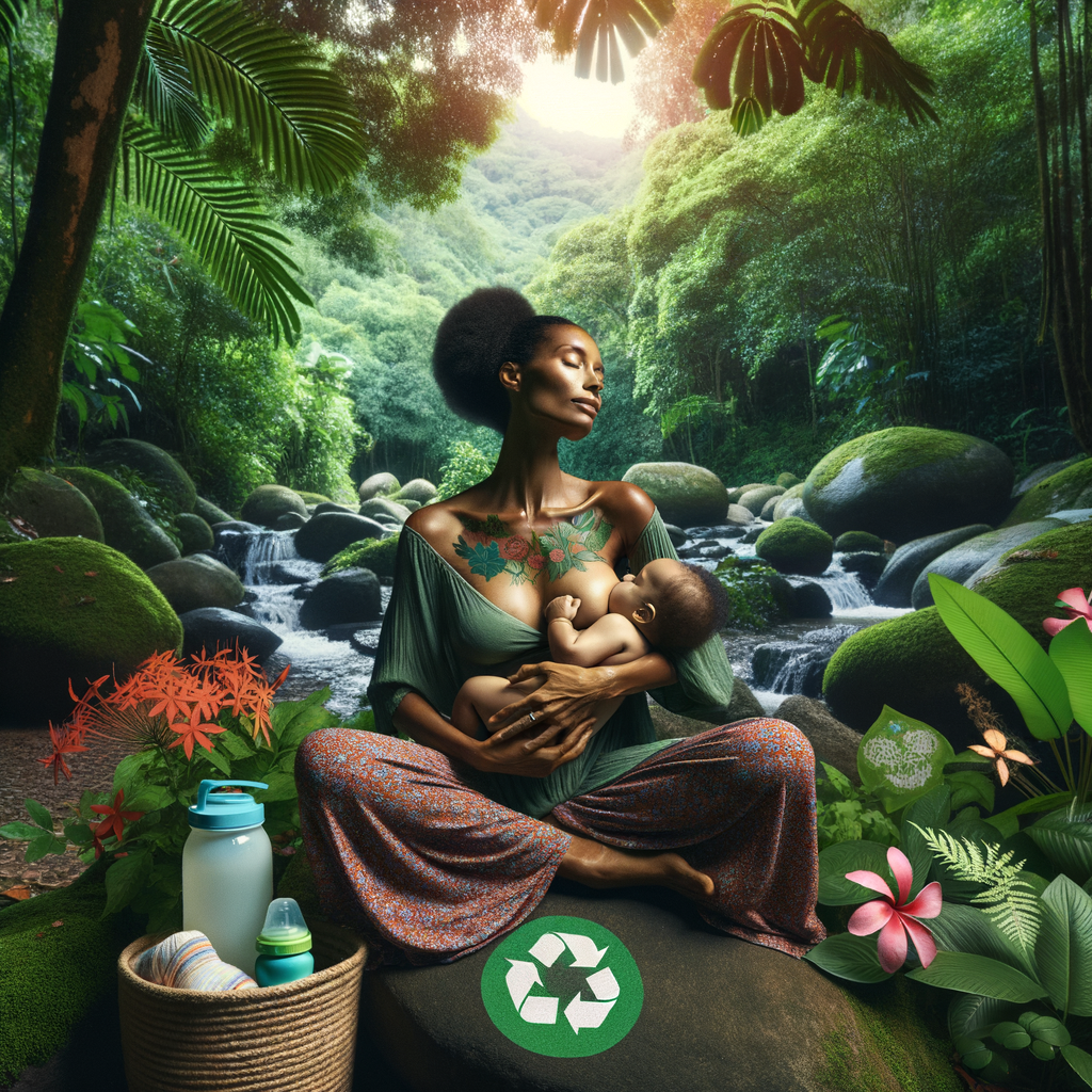 Mother practicing eco-friendly breastfeeding in a lush green environment, showcasing sustainable breastfeeding practices and green parenting techniques for environmentally conscious breastfeeding and sustainability.