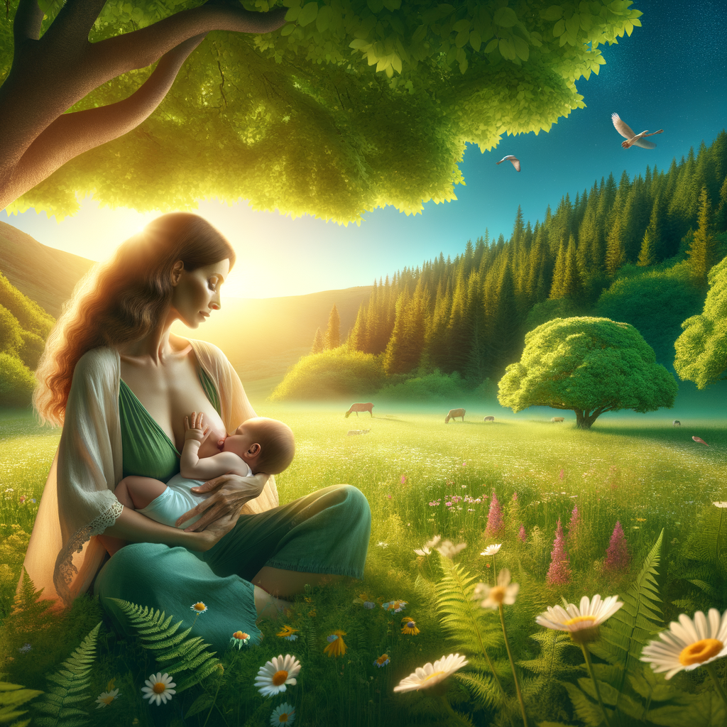 Eco-friendly mother practicing sustainable breastfeeding in a lush green environment, showcasing the environmental benefits of breastfeeding and green motherhood for sustainable parenting.