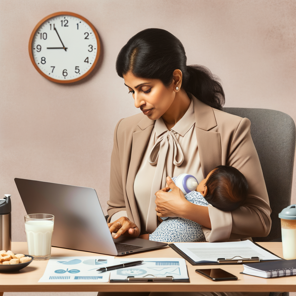 Working mom in business suit using a breast pump while reviewing a document, symbolizing practical breastfeeding tips for working moms, balancing work and breastfeeding, and maintaining milk supply while working full-time.