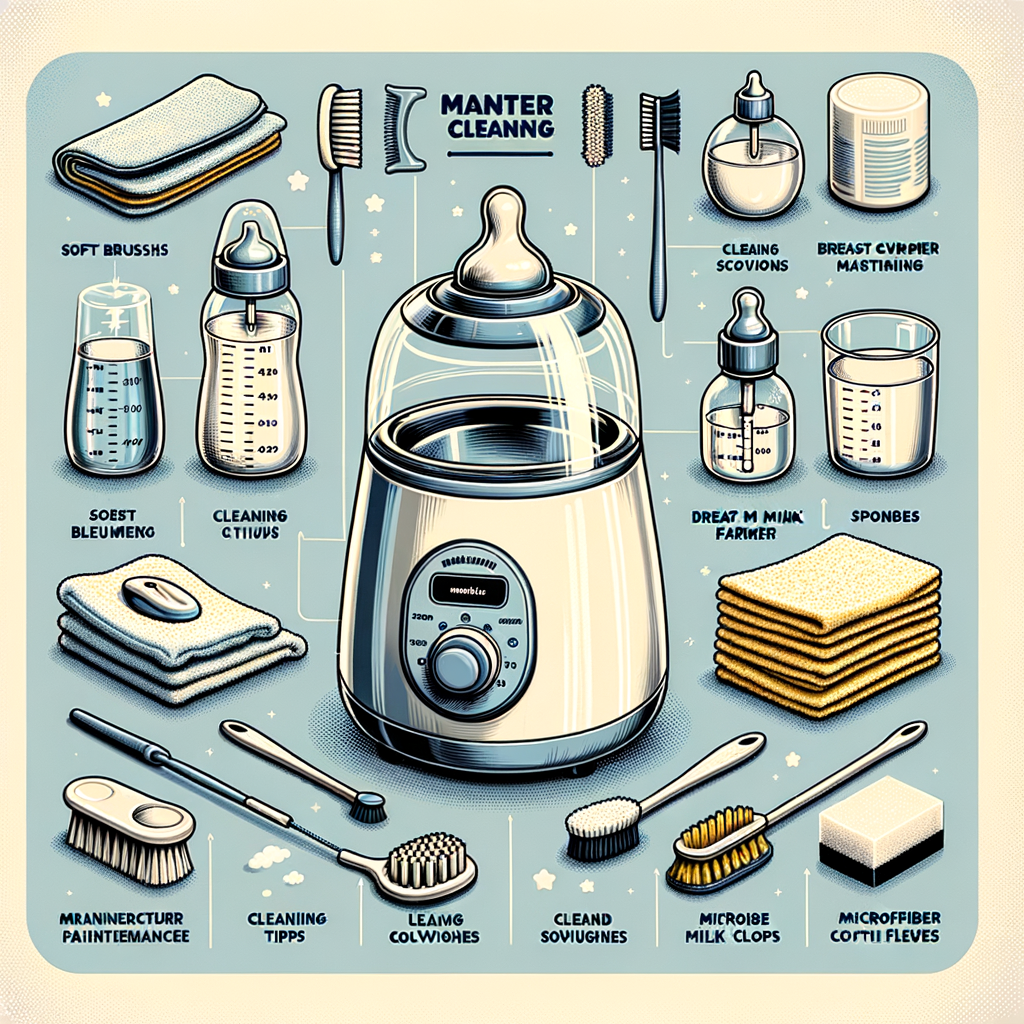 Step-by-step guide on bottle warmer maintenance and cleaning tips for breast milk warmer, featuring a well-maintained baby bottle warmer and essential cleaning tools.
