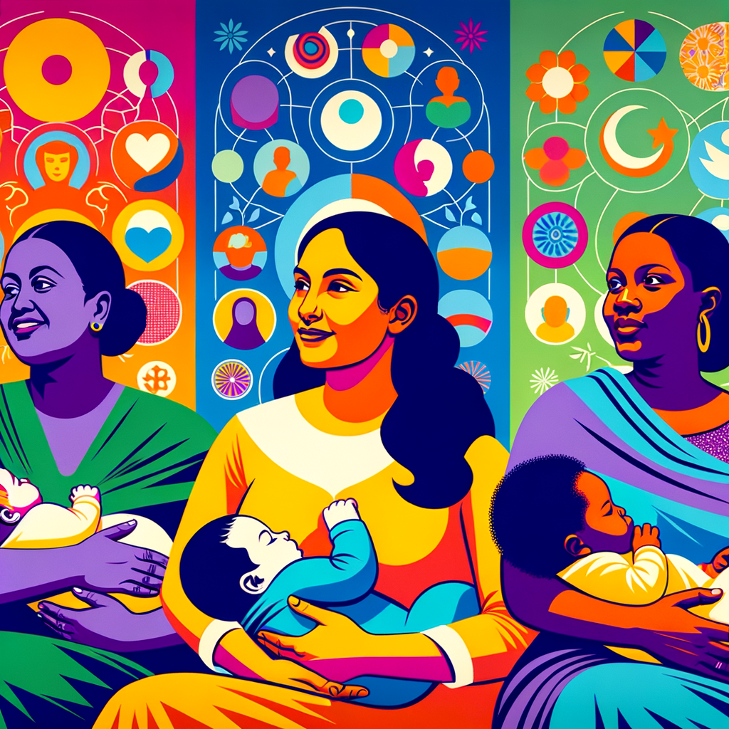 Diverse group of mothers from various ethnicities and ages breastfeeding their babies, symbolizing inclusive breastfeeding campaigns, breastfeeding support and education, and diversity in health campaigns for diverse populations.