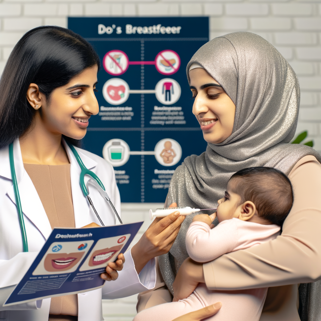 Dentist providing dental care tips to a breastfeeding mom, emphasizing the impact of breastfeeding on dental health, with a chart of dental care do's and don'ts in the background for breastfeeding dental health awareness.