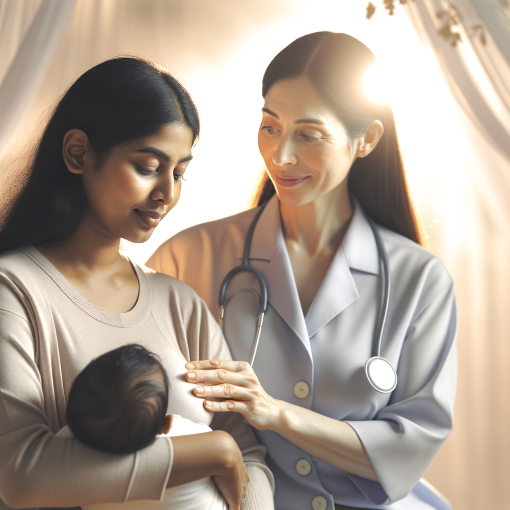 New mother confidently overcoming common breastfeeding problems with lactation consultant's help, symbolizing solutions for breastfeeding challenges and the journey of motherhood.