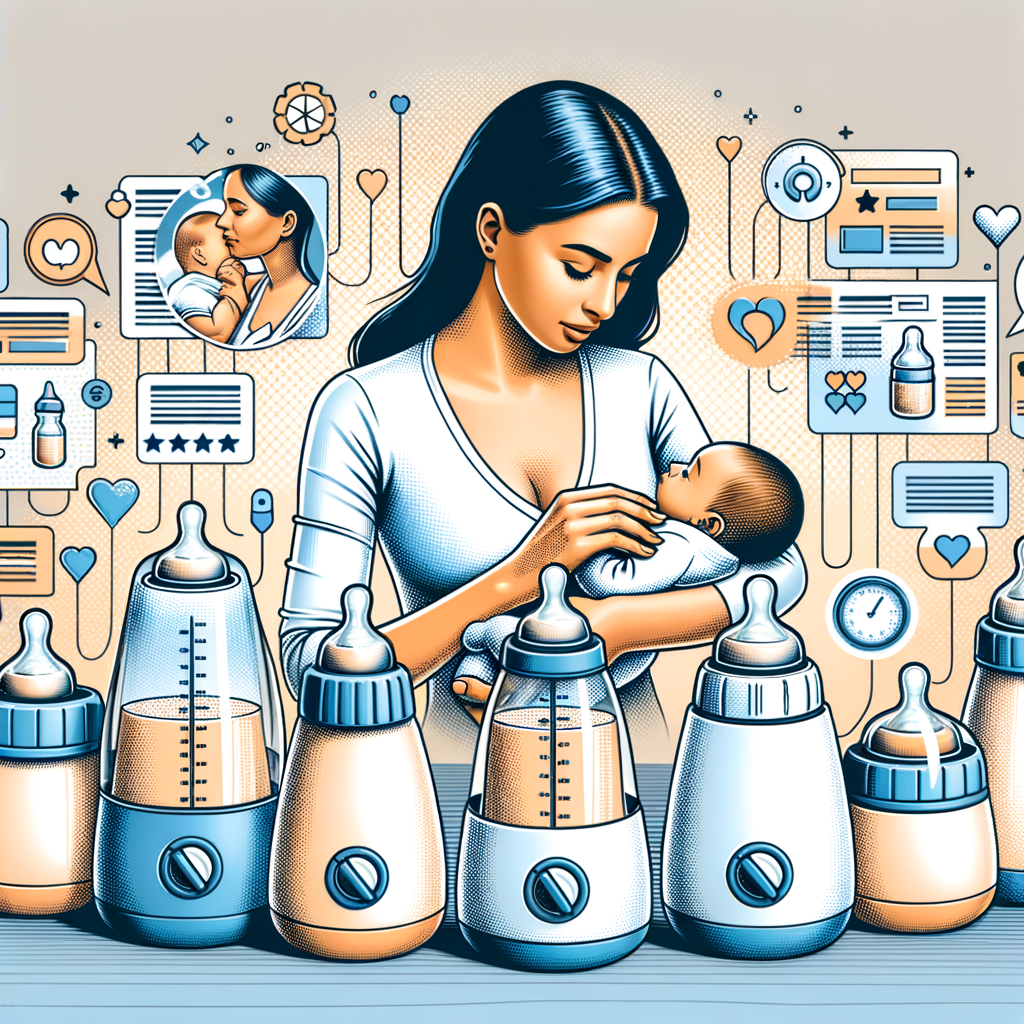 Breastfeeding mom examining top-rated bottle warmers on a table, representing the Bottle Warmer Guide for nursing mothers choosing the best and safe bottle warmer for breast milk, with elements of baby bottle warmer reviews in the background.
