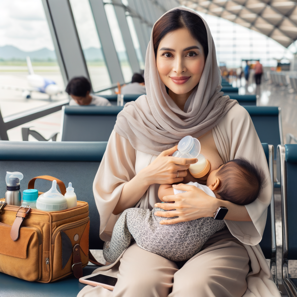 Traveling mother confidently breastfeeding her baby in an airport lounge, demonstrating best practices and tips for breastfeeding during travel