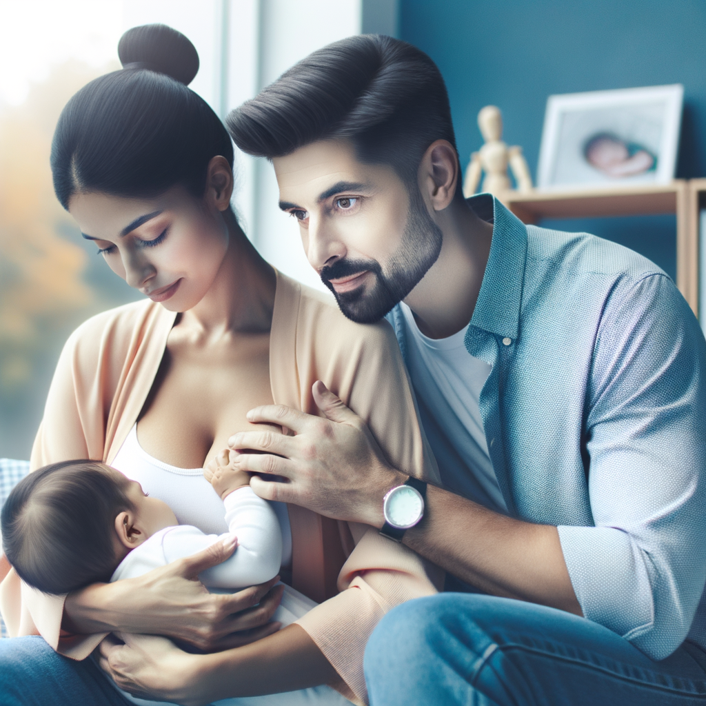 Modern father actively supporting partner during breastfeeding, highlighting the role of fathers in breastfeeding in modern families and the importance of paternal support.