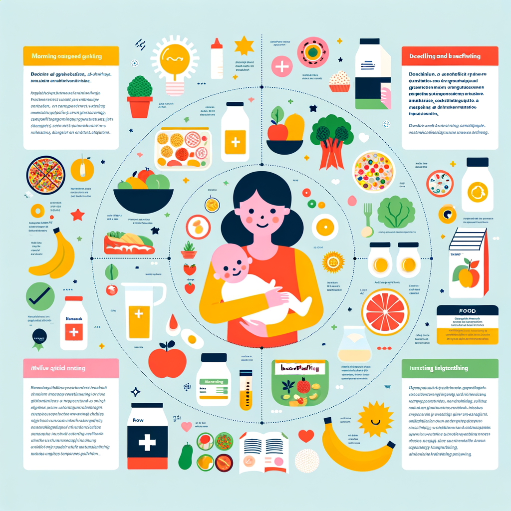 Infographic illustrating breastfeeding dietary guidelines and the impact of maternal nutrition on breastfeeding, highlighting a healthy diet for nursing mothers and foods to avoid while breastfeeding.
