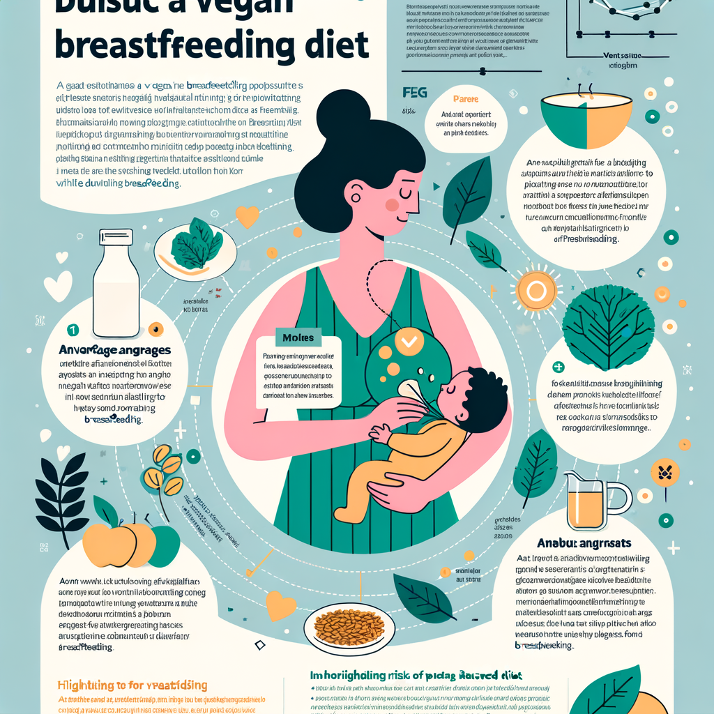 Infographic detailing a comprehensive guide to vegan breastfeeding diet, highlighting essential nutrients, benefits and risks of vegan diet for nursing mothers, and tips for breastfeeding on a vegan diet.