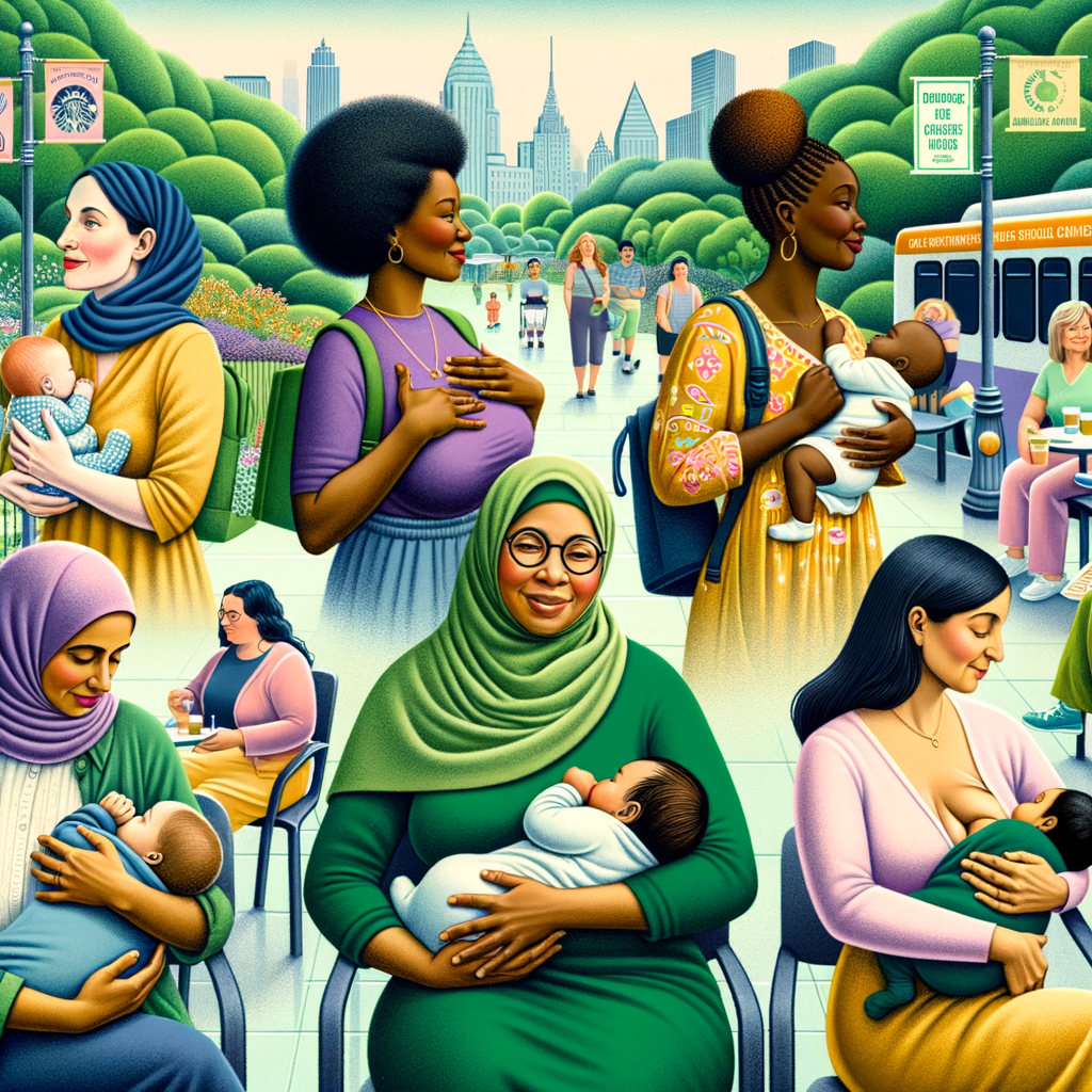 Diverse mothers confidently breastfeeding in public, overcoming breastfeeding difficulties, tackling breastfeeding stigma, and advocating for breastfeeding rights and public breastfeeding laws.