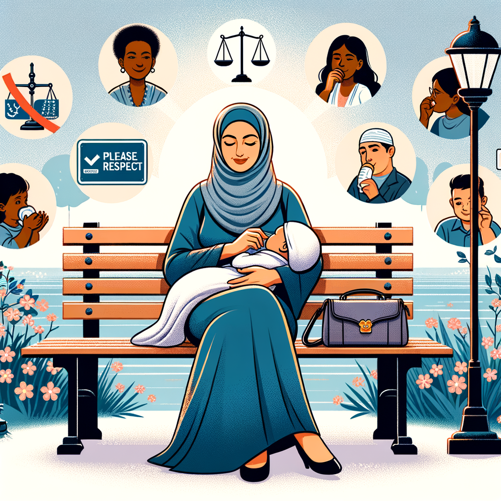 Confident mother exercising her legal rights by breastfeeding in public, amidst symbols of etiquette and controversy, showcasing support for public breastfeeding laws and rights.