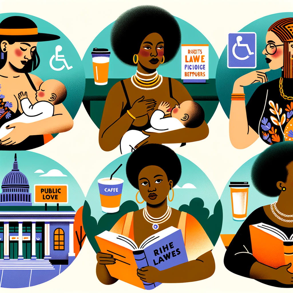 Diverse group of confident mothers breastfeeding in public spaces like parks and cafes, advocating for public breastfeeding rights, awareness, acceptance, and education