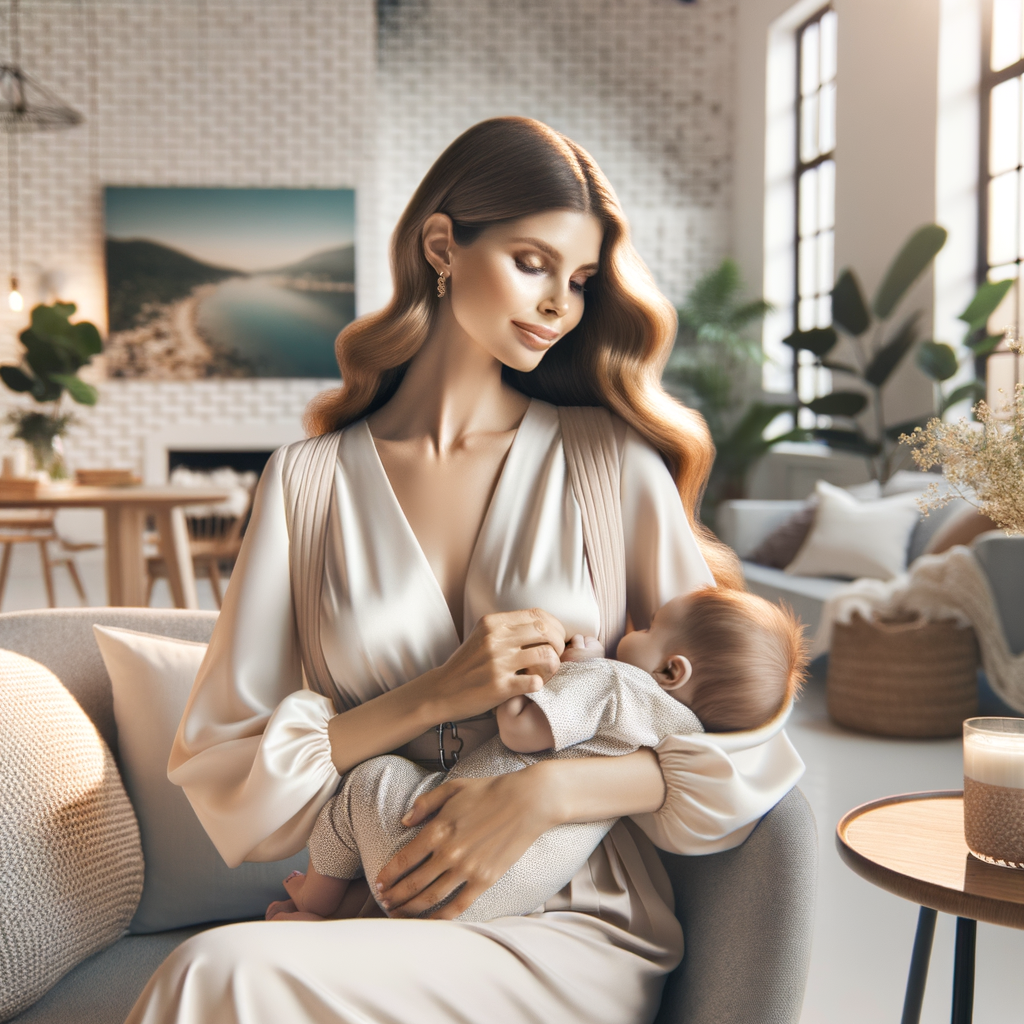 Stylish mother in breastfeeding-friendly clothing, showcasing fashionable maternity wear and nursing wardrobe essentials, redefining fashion for breastfeeding mothers