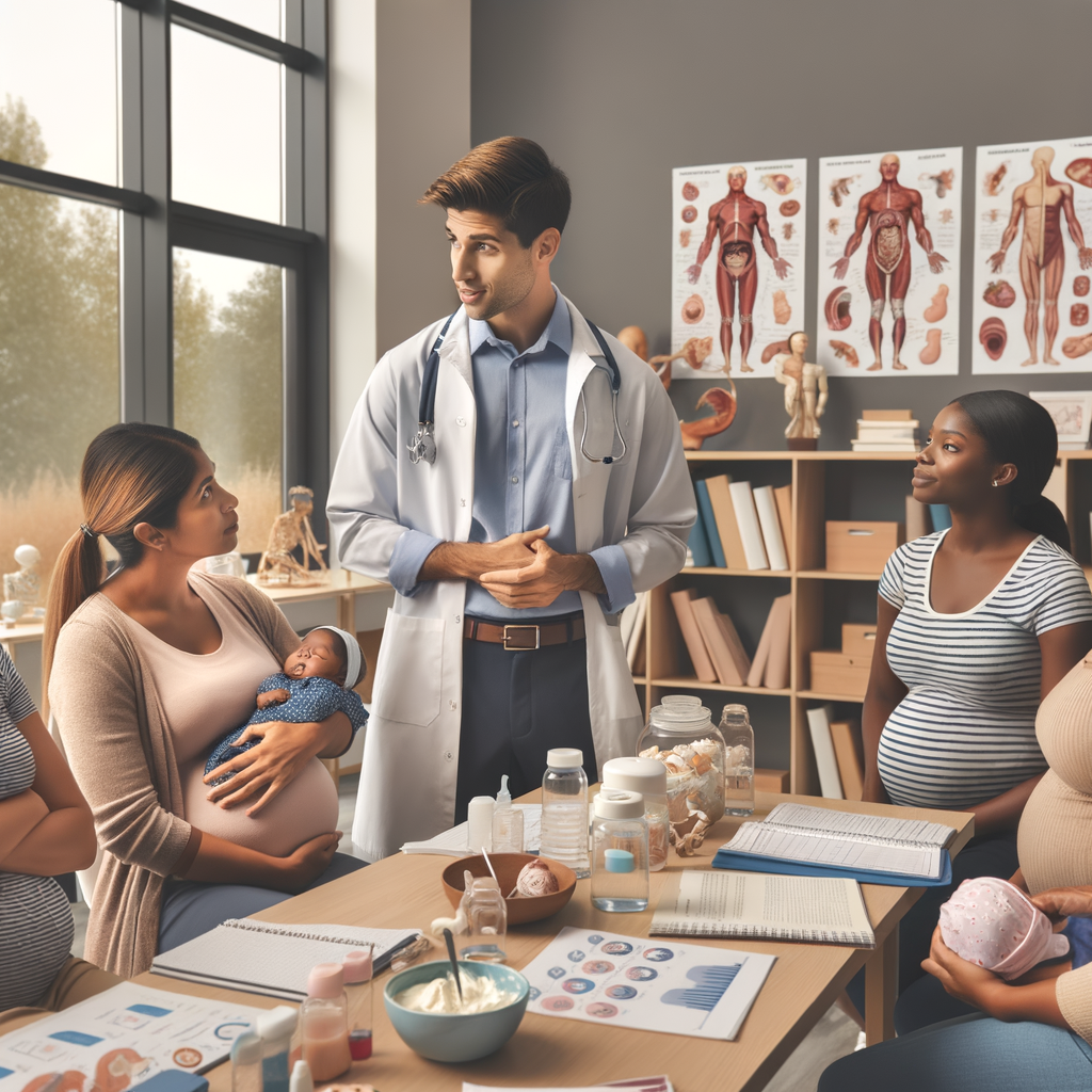 Lactation consultant providing breastfeeding education to expectant and new mothers, with resources for improving breastfeeding education on display, demonstrating the importance of prenatal and postnatal breastfeeding advice.