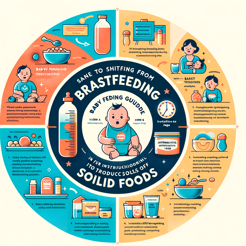 Infographic showing the breastfeeding to solids timeline, highlighting the process of weaning off breastfeeding, introducing solid foods, and important stages in baby food transition, infant weaning, and baby nutrition.